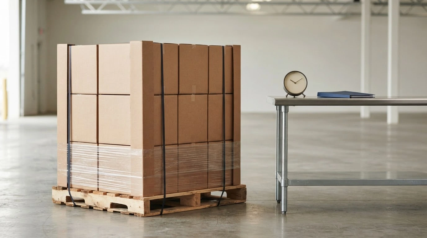A secured freight pallet beside a blank clock and folder used to review a time-critical delivery.