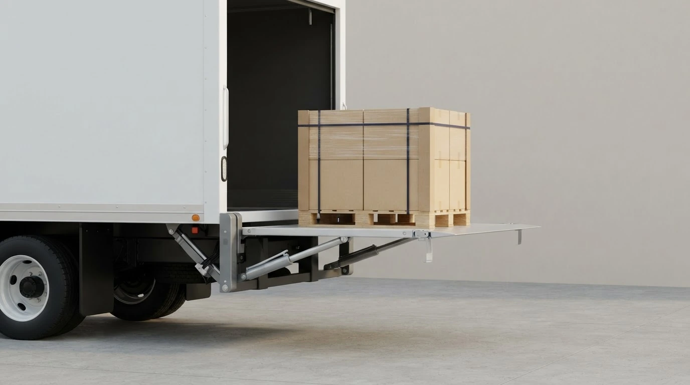 Diagram of a liftgate platform lowering a pallet from a freight trailer to ground level at a delivery location without a loading dock.