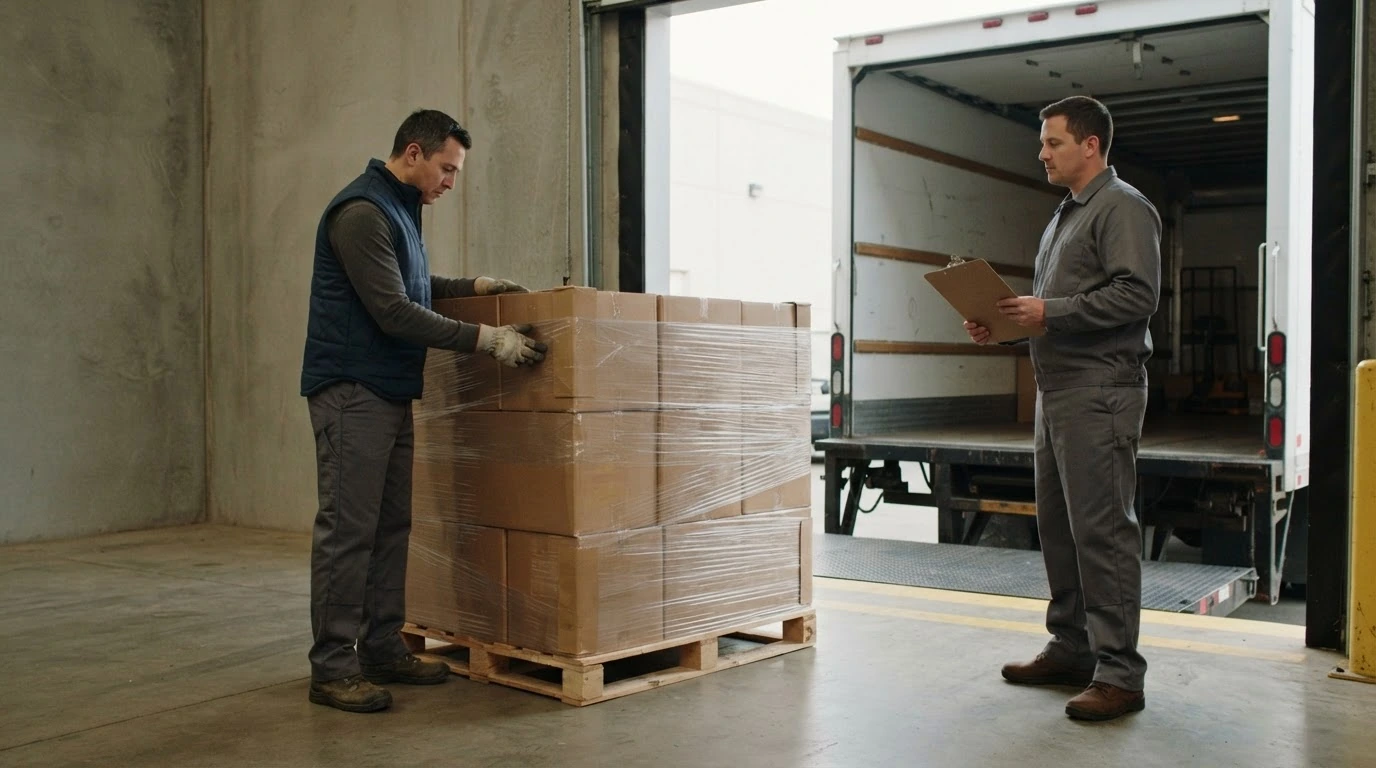 A receiving employee inspects one wrapped pallet while a freight driver waits with a clipboard at an unbranded loading dock.