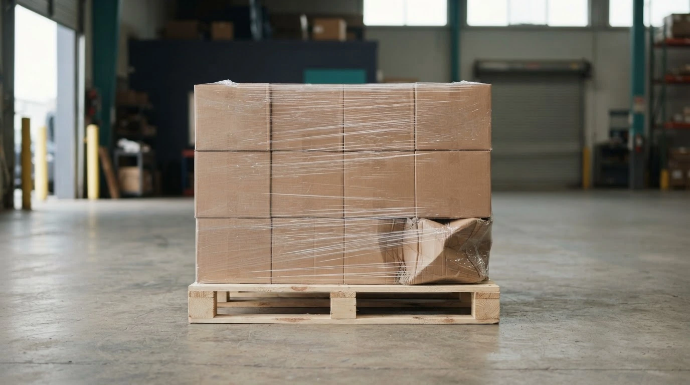 A wrapped freight pallet with a moderately crushed lower carton at a receiving dock