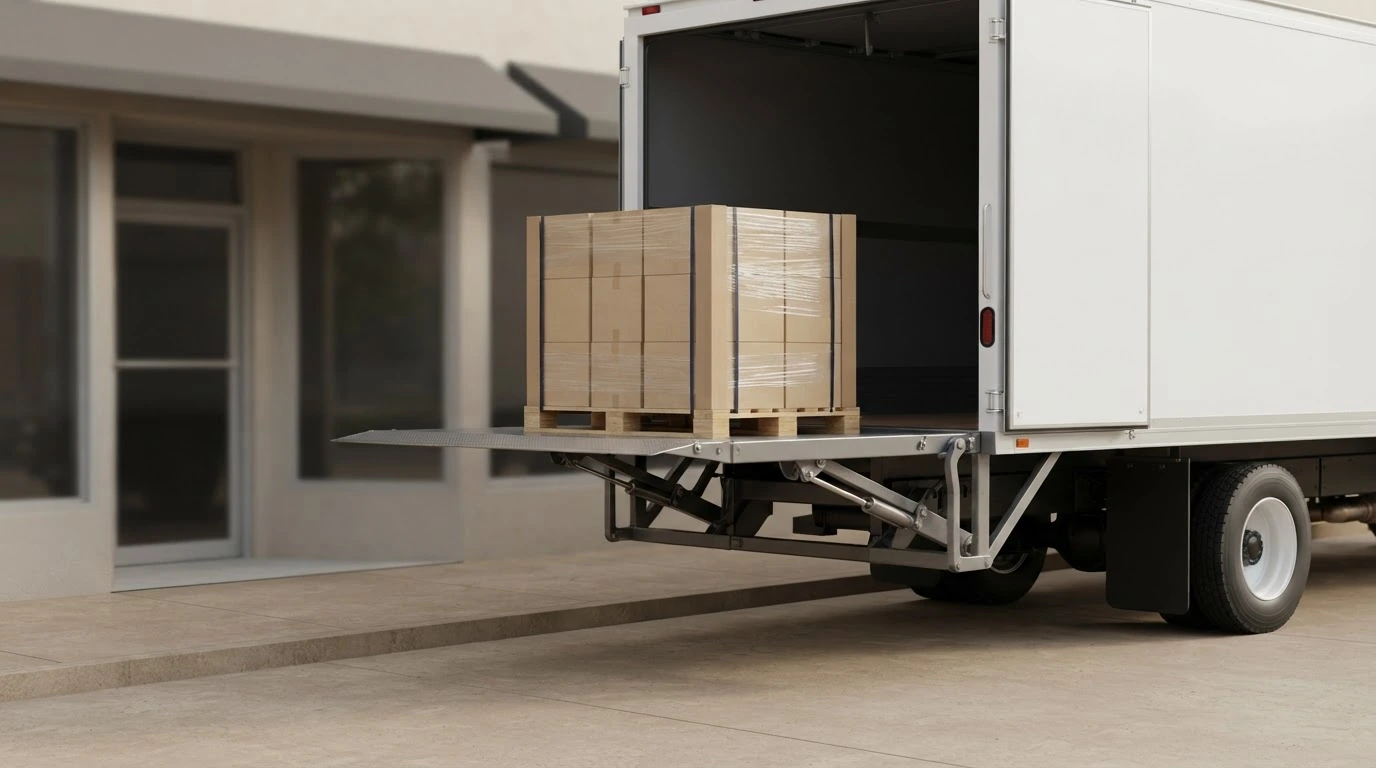 A secured pallet waiting beside a dockless commercial receiving entrance while a liftgate-equipped freight truck prepares for delivery.