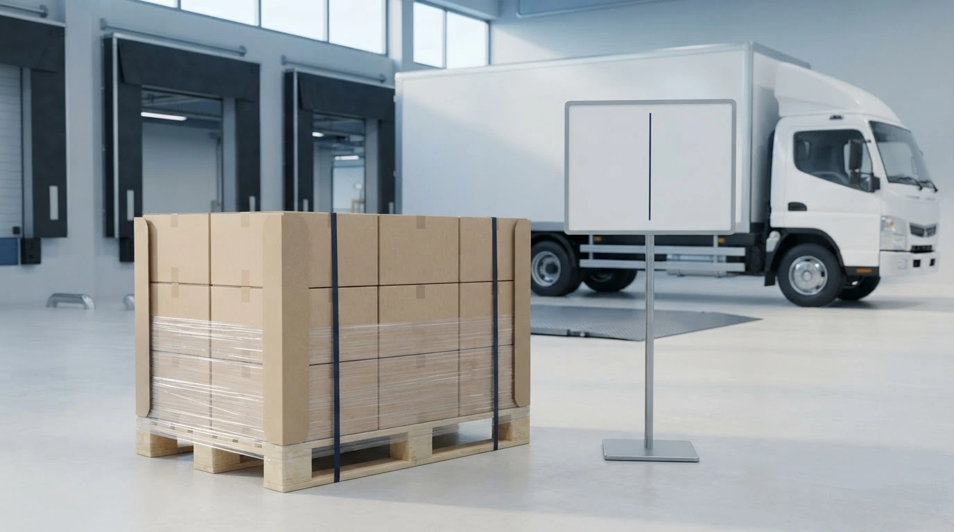 A secured freight pallet beside a blank decision panel and an unbranded truck at a loading dock.