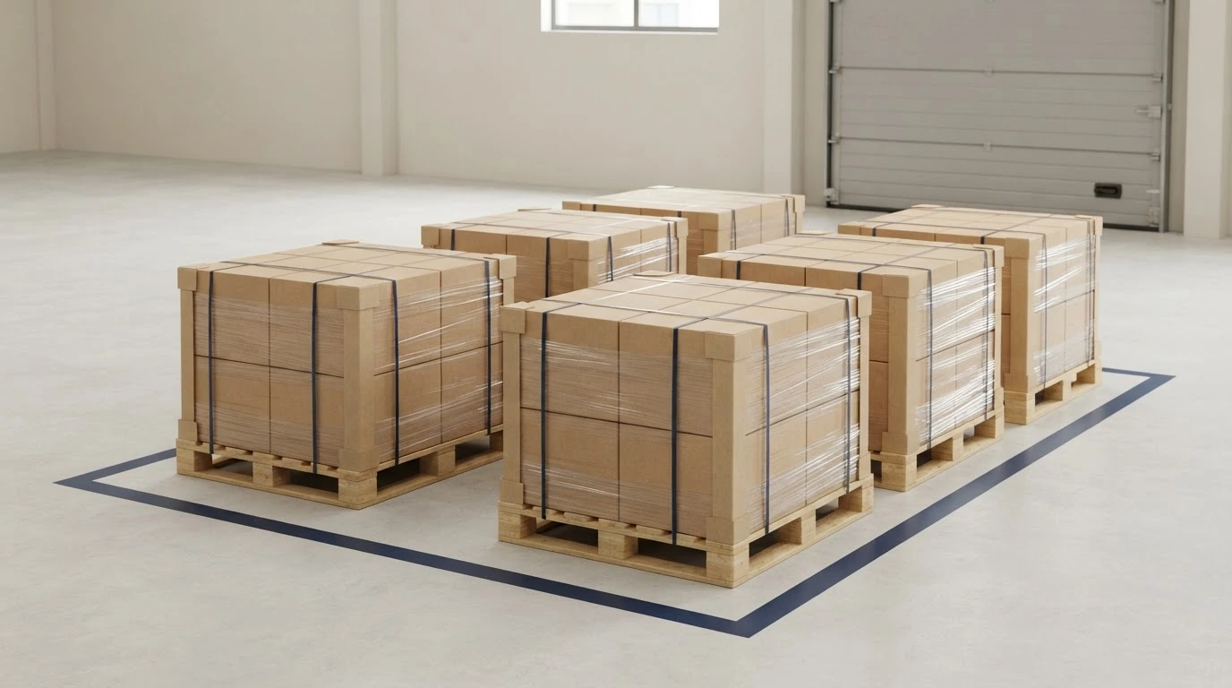 Six secured pallet loads arranged as one larger partial freight shipment in a clean warehouse staging lane.