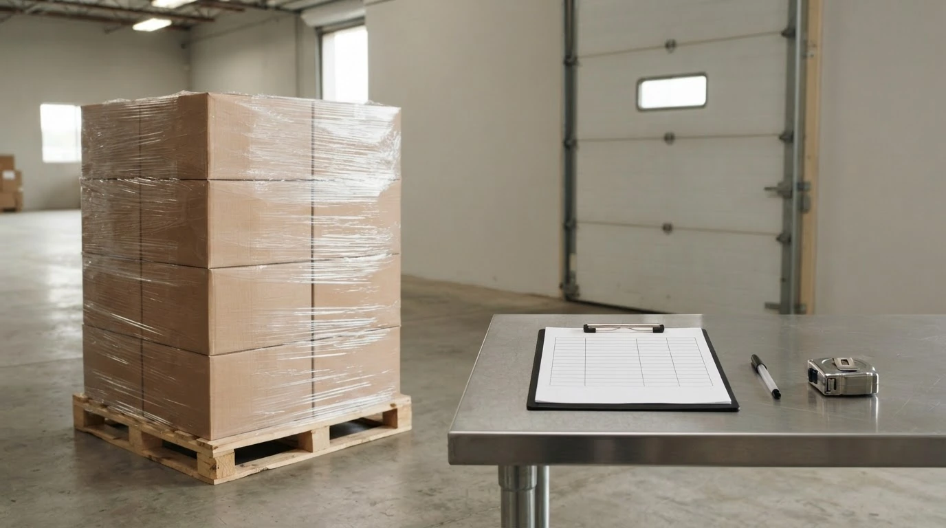A blank grid-style freight document on a clipboard beside one wrapped pallet at a loading dock.