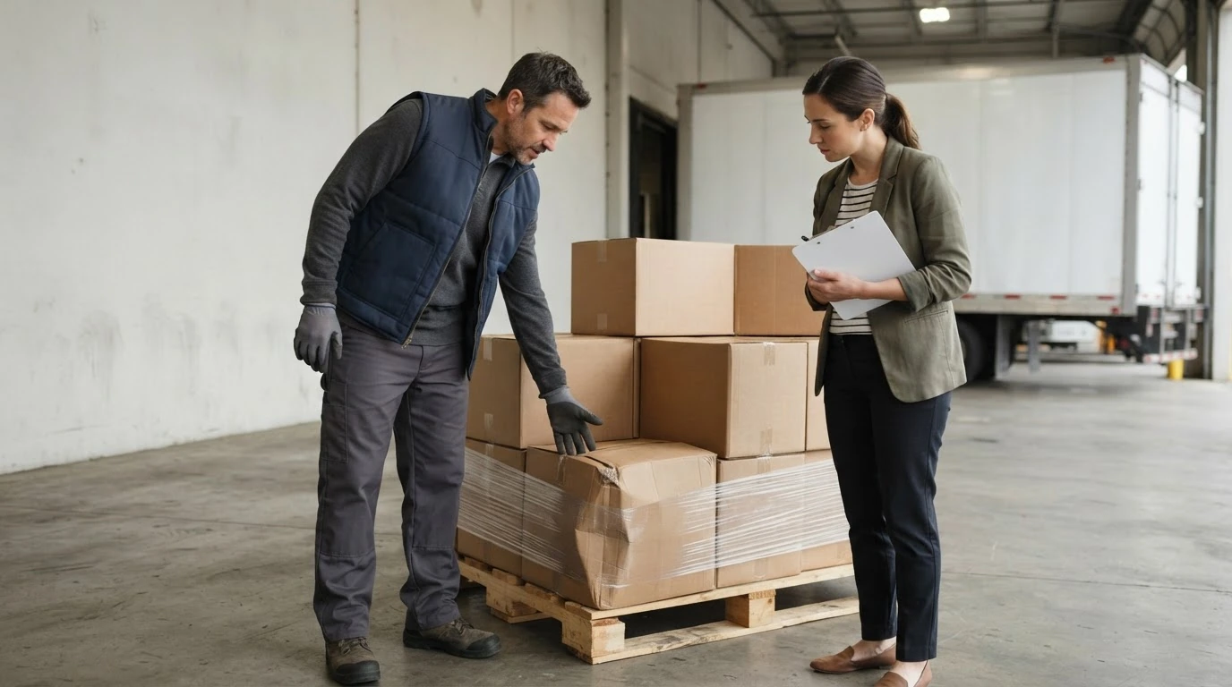 A warehouse receiver and shipping coordinator review a modestly damaged carton on a pallet at a freight receiving bay.