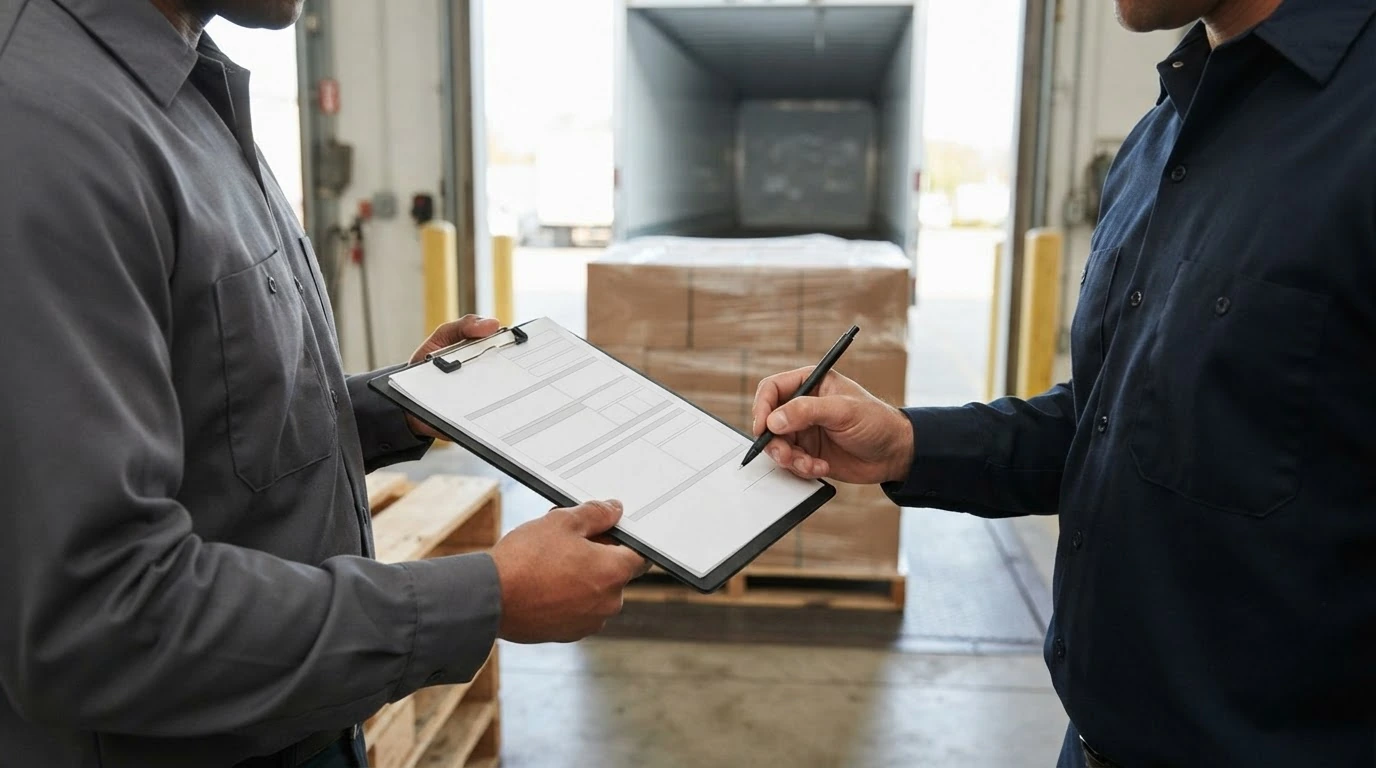 A warehouse representative and carrier driver review a freight document beside a prepared pallet at pickup.