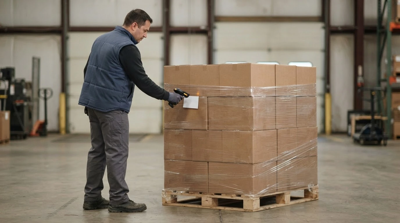 A freight-terminal worker scans one wrapped pallet at a routine LTL tracking checkpoint.