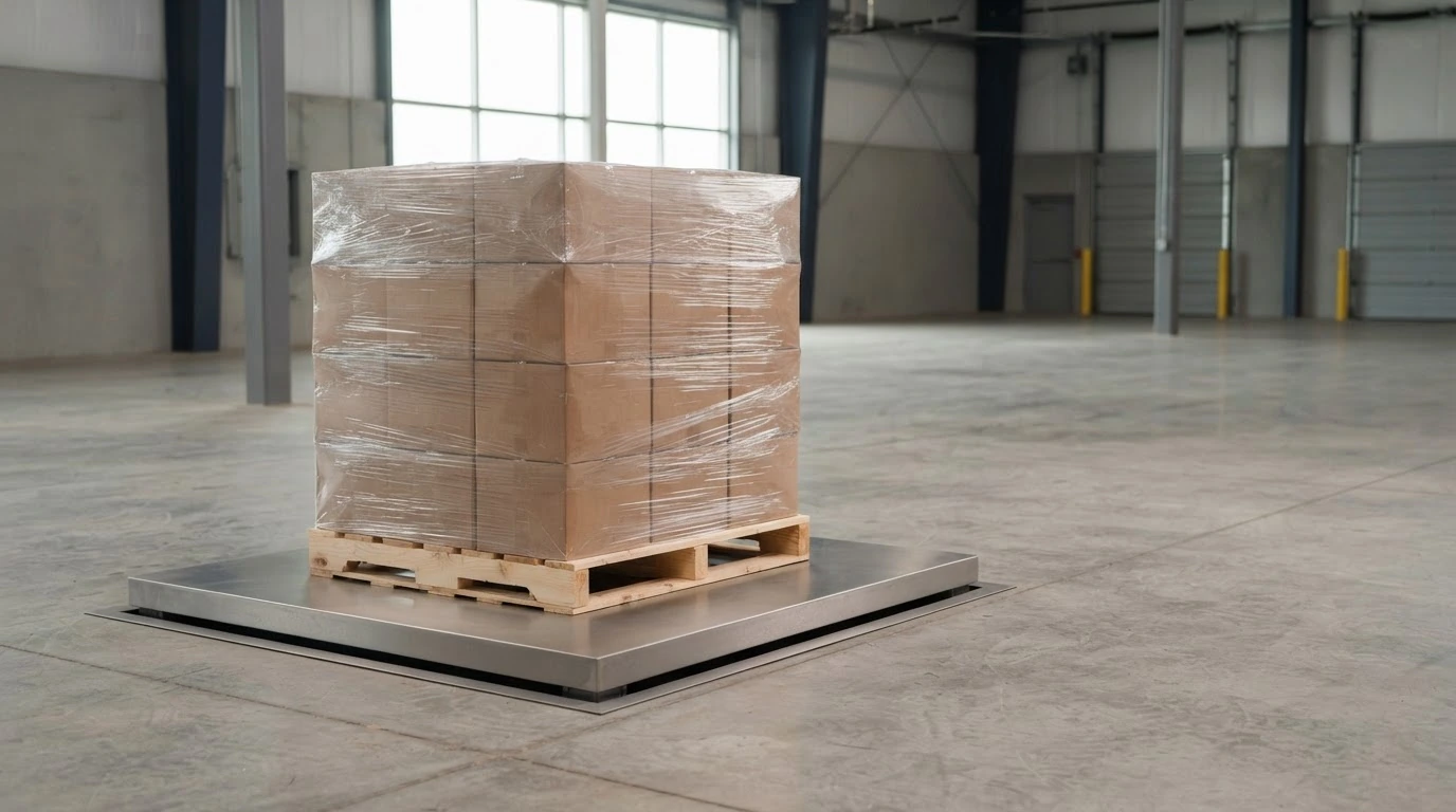 Freight pallet being inspected and weighed on a loading dock