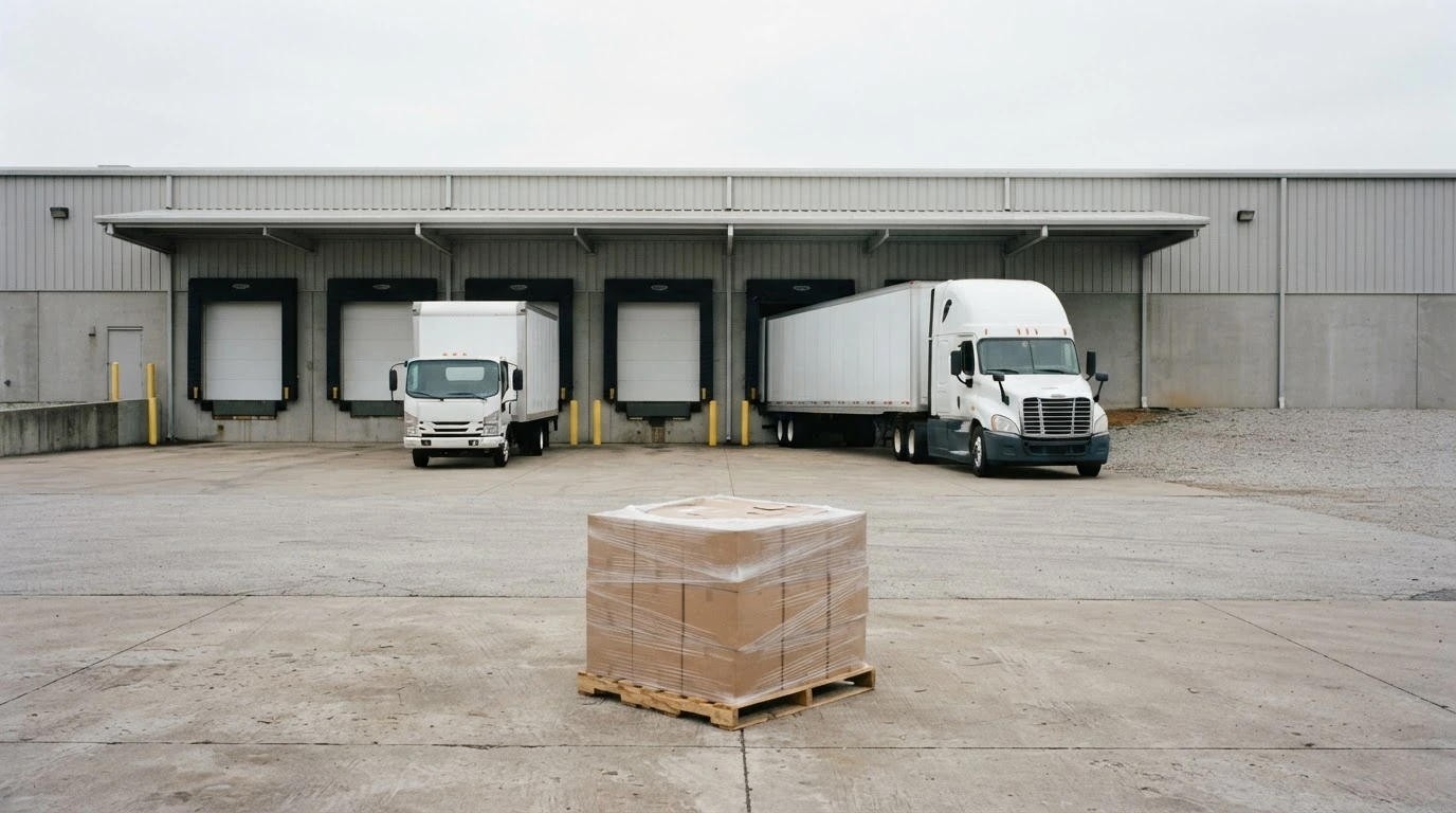 A wrapped pallet being transferred between unmarked freight trailers inside a clean LTL terminal.