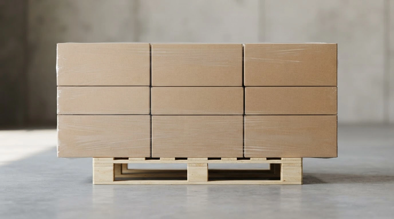 A loaded pallet with freight aligned flush to the deck, illustrating proper LTL packaging without overhang.